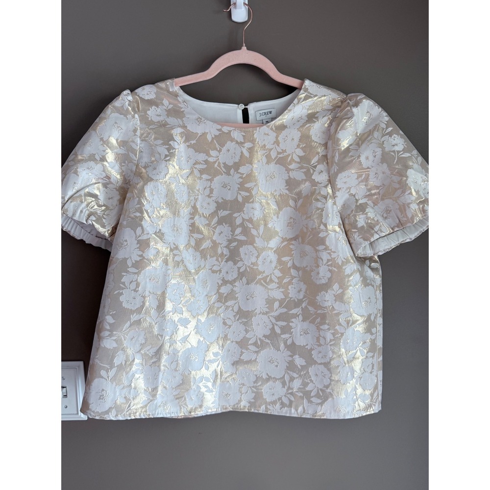 J.Crew Metallic Gold Floral Jacquard Puff Sleeve Holiday Top XL